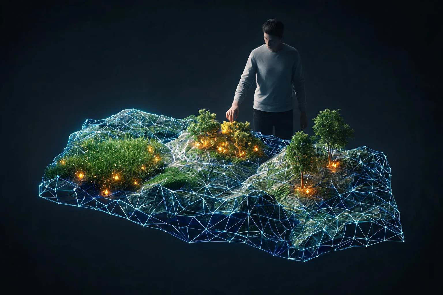 Unreal Engine 5.8 Mesh Terrain and Procedural Vegetation Guide editorial cover illustrating mesh terrain authoring and landscape boundaries, PCG vegetation rules seeds and biome data, Nanite collision navigation and streaming budgets, and regeneration diffs artist overrides and rollback