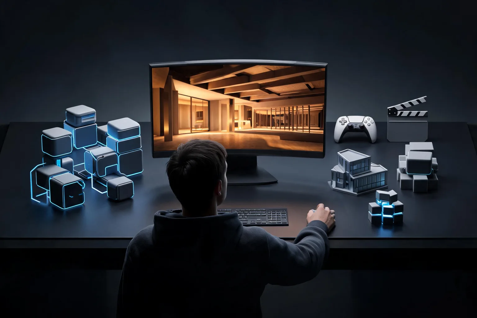 Unreal Engine Features, Demos, and Real-Time 3D Uses editorial cover illustrating editor and runtime features, real-time rendering demonstrations, game film architecture and simulation uses, and demo-versus-production evidence