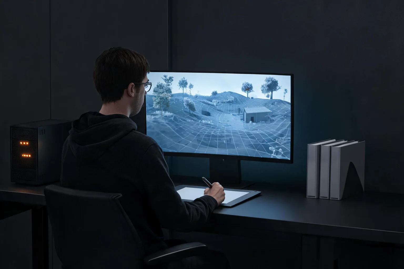 Unreal Engine Project Stories and Technical Guides: D editorial cover illustrating D-indexed Unreal project stories, first-party developer interview evidence, game and real-time 3D production context, and dated source and platform maintenance