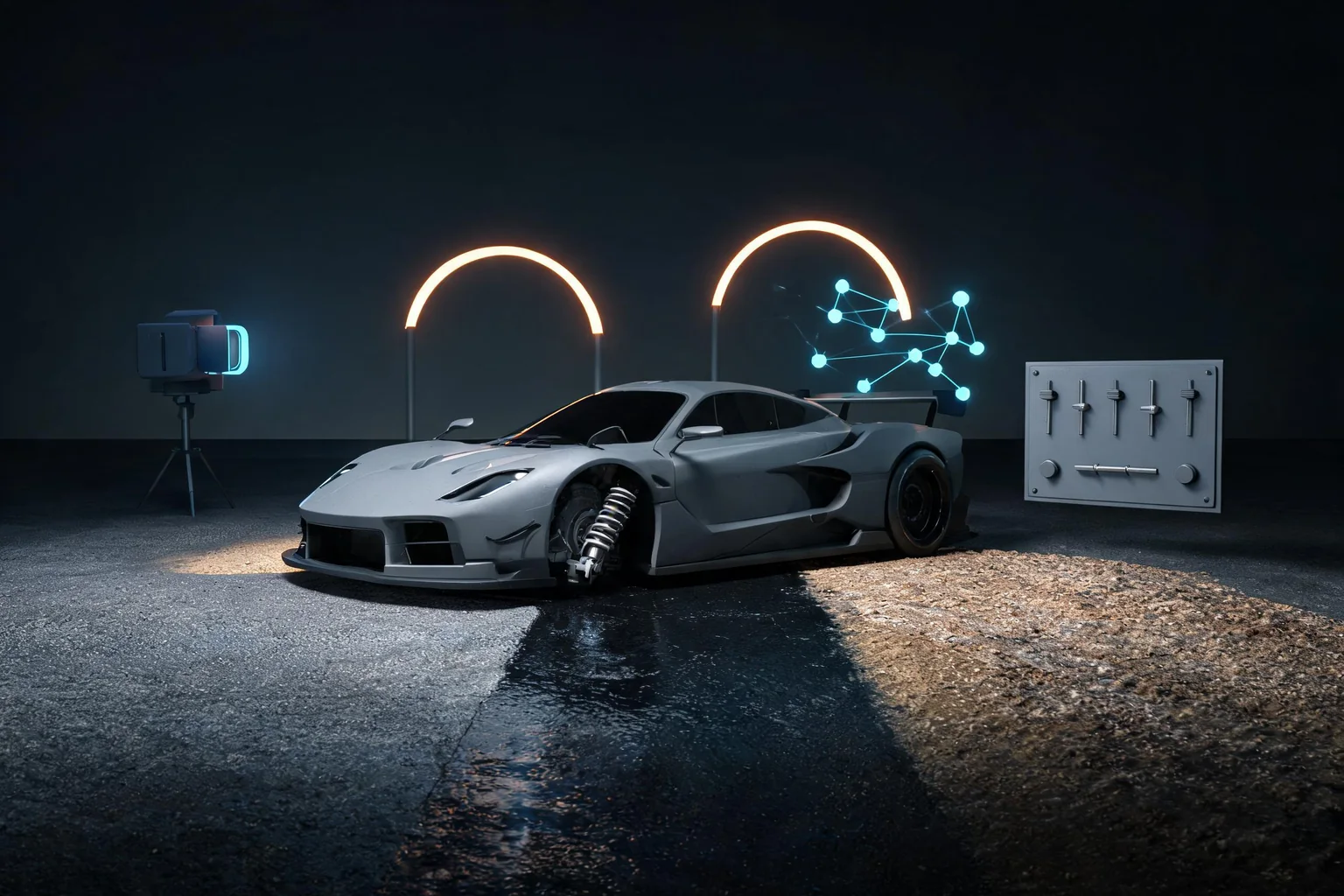 Unreal Engine Vehicle Physics and Racing Gameplay Guide editorial cover illustrating Chaos Vehicle setup and input, tire suspension and surface response, camera checkpoints and lap rules, and network correction and target-platform budgets