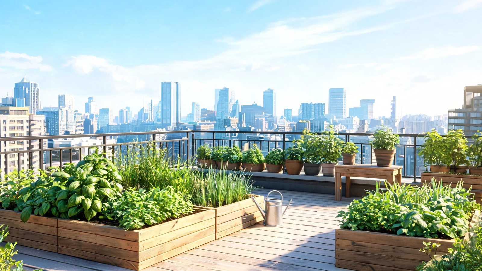 Create a rooftop community garden scene
