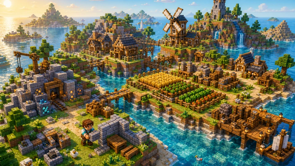 Physical in-world kit representing voxel terrain layers, resource nodes, modular walls, bridges, farms, storage areas, and landmarks, arranged coherently in the same visual direction