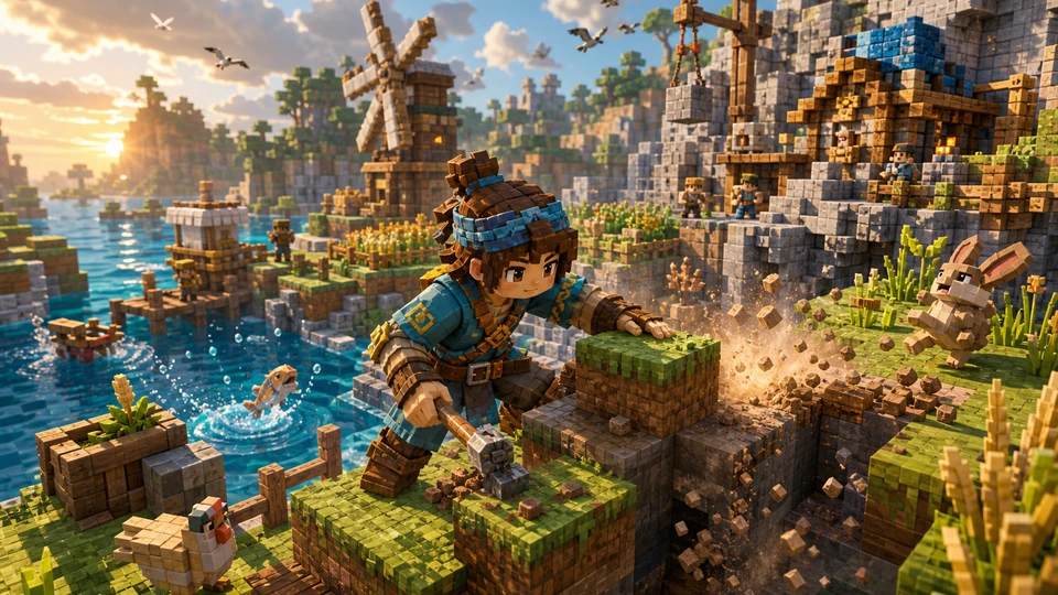 Close action view showing feedback from block placement, terrain removal, material changes, physics reactions, and environmental activity with material and motion detail