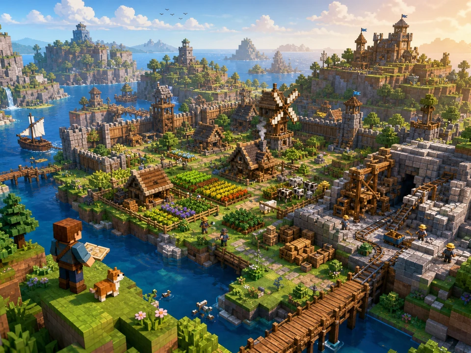 Wide three-quarter 3D gameplay scene of voxel terrain layers, resource nodes, modular walls, bridges, farms, storage areas, and landmarks in a coherent bright stylized voxel archipelago with an original builder, modular block terrain, timber structures, quarry, farms, waterways, windmill, wildlife, and changing daylight world, no interface
