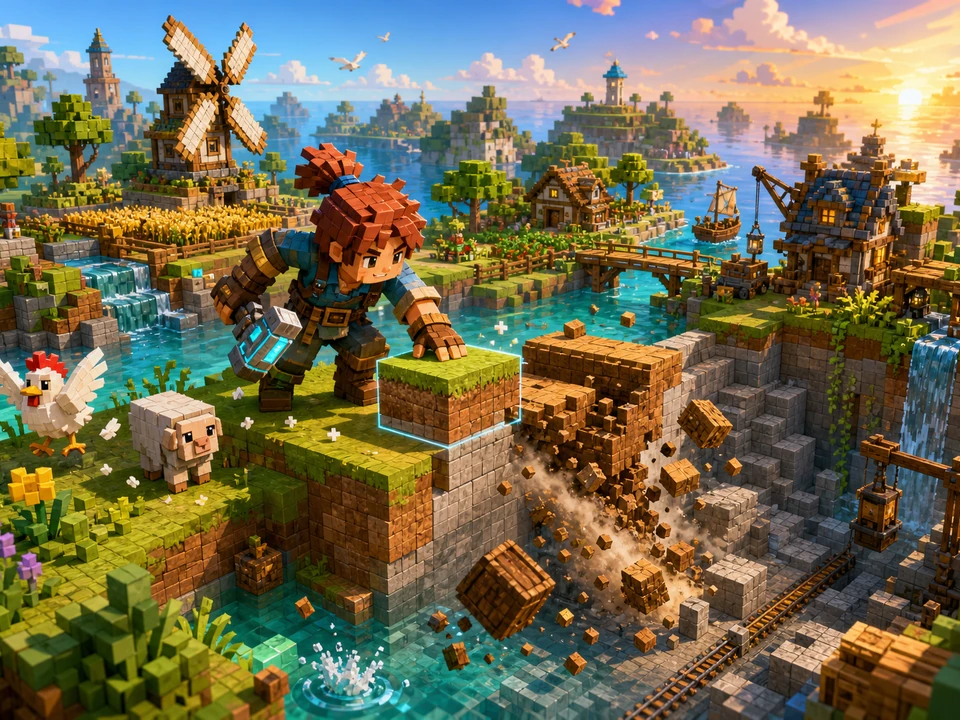 Action moment showing block placement, terrain removal, material changes, physics reactions, and environmental activity resolving clearly in the same bright stylized voxel archipelago with an original builder, modular block terrain, timber structures, quarry, farms, waterways, windmill, wildlife, and changing daylight world, no text