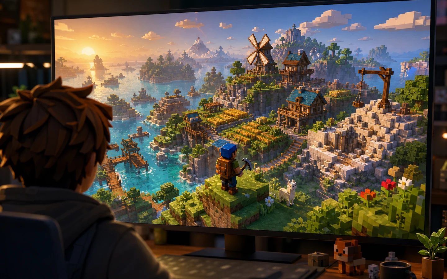 Over-the-shoulder game creator reviewing the original Voxel Sandbox Builder scene in a professional game workspace on a large monitor, scene viewport dominant, tool controls abstract and unreadable