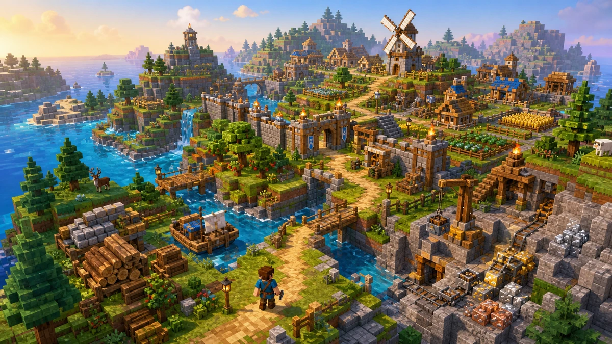 Clear playable layout showing voxel terrain layers, resource nodes, modular walls, bridges, farms, storage areas, and landmarks with readable spacing, camera, and route in the same world