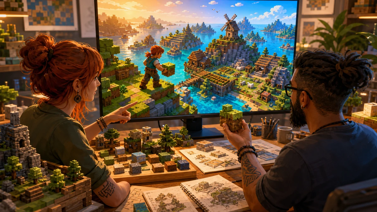 Two game creators reviewing physical design references and the original Voxel Sandbox Builder scene on a monitor, no readable labels
