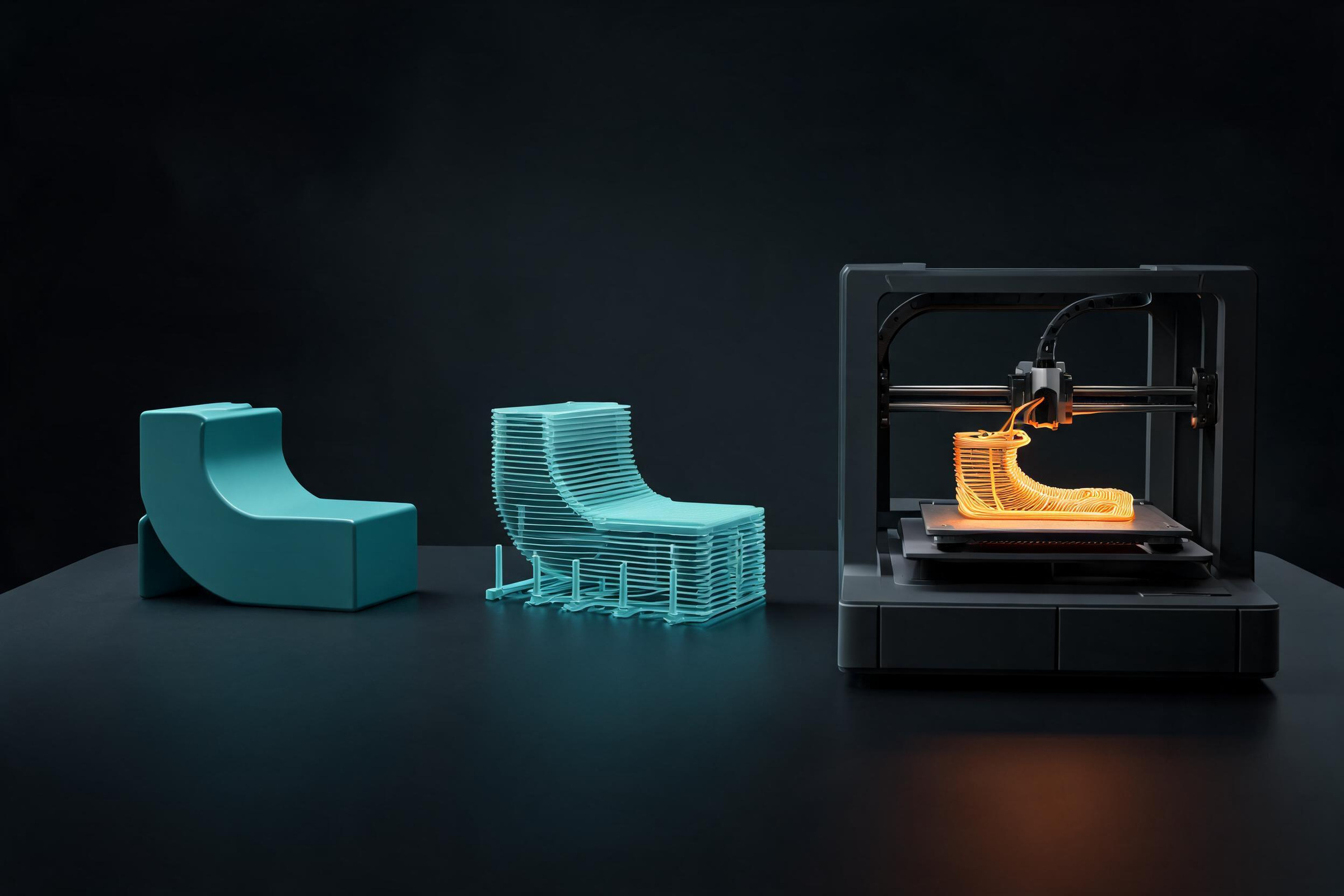 Two cyan chair models sit beside a desktop 3D printer producing an amber object.