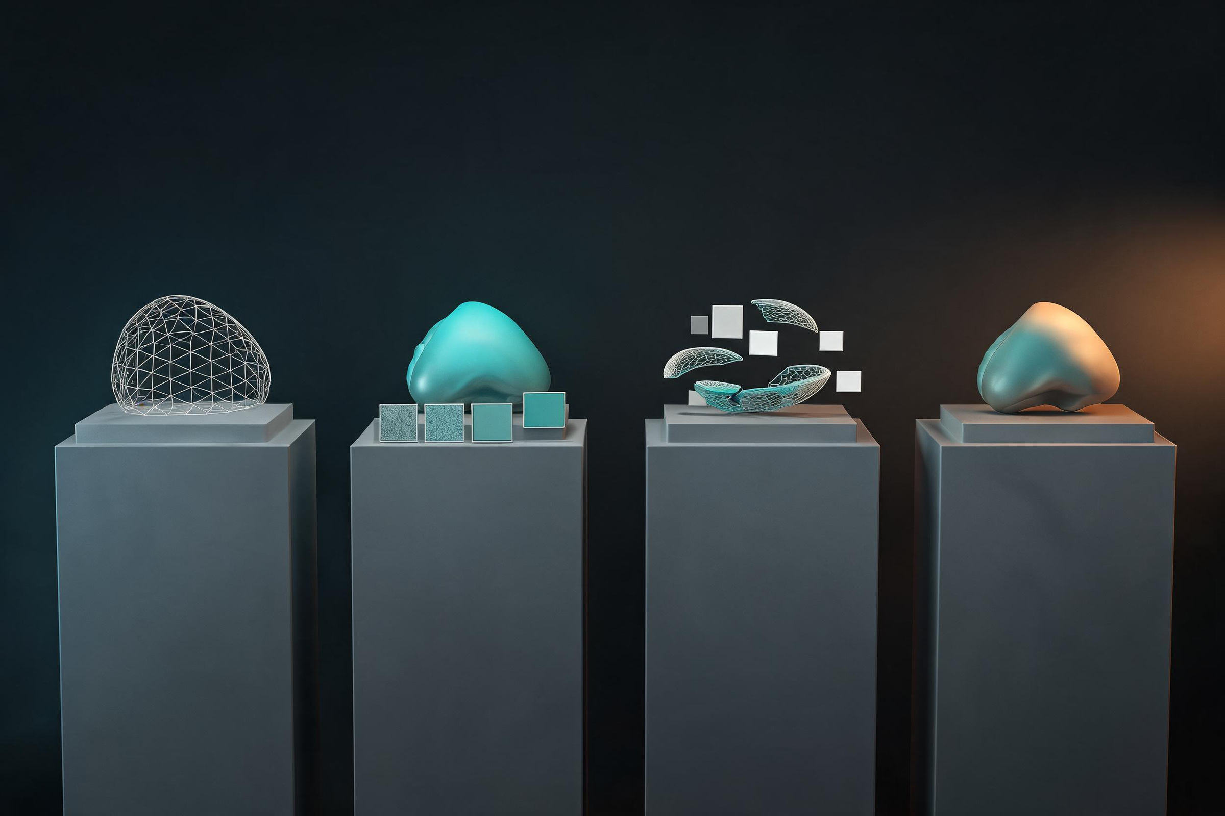 Pedestals display lattice, sculptural, mechanical, and rounded example forms made with different additive geometries.