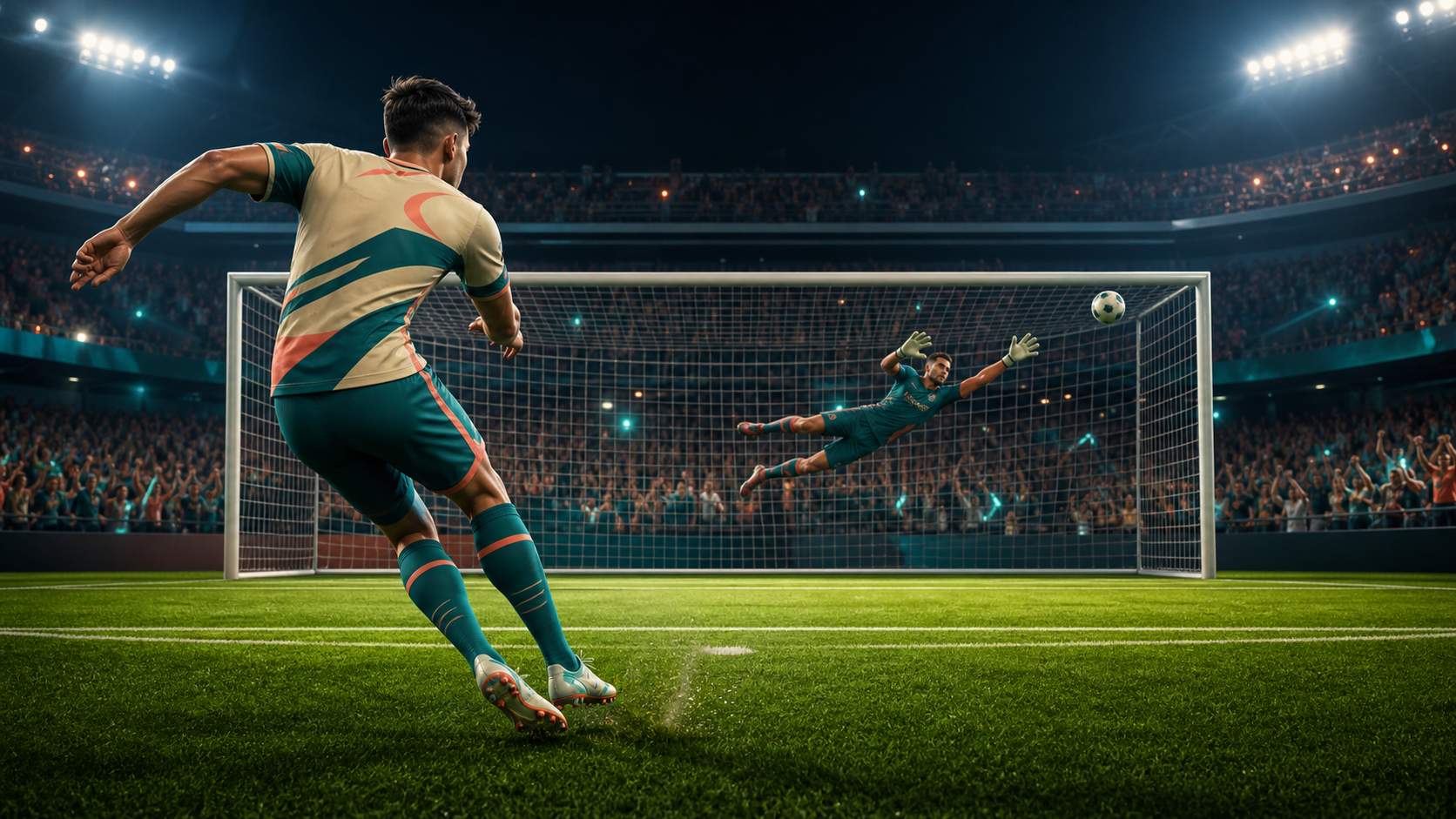 Original tournament-style penalty shootout game concept showing a striker shooting toward a diving goalkeeper in a floodlit stadium