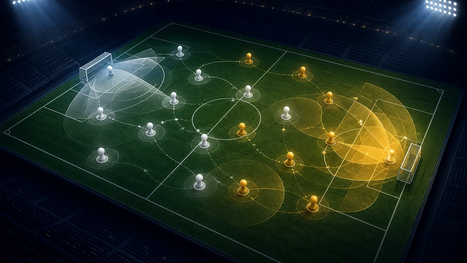 Football pitch model with formations shot zones and uncertainty halos