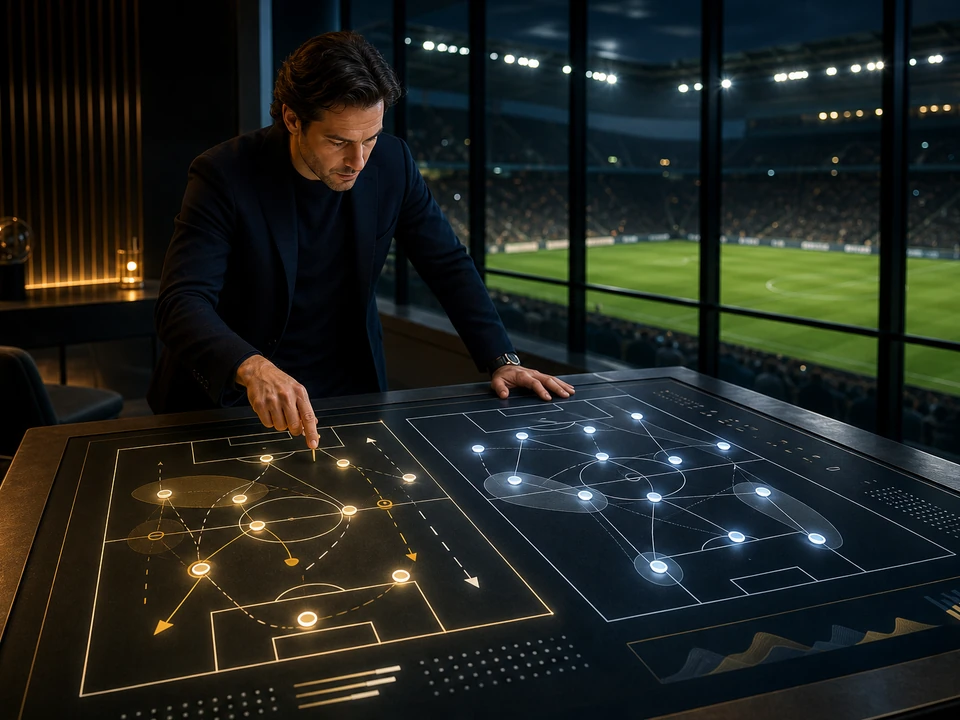 Football analyst reviewing a glowing pitch model and abstract forecast rings