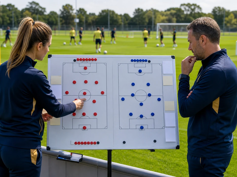 Pre-match analyst comparing two tactical formations on an illuminated table