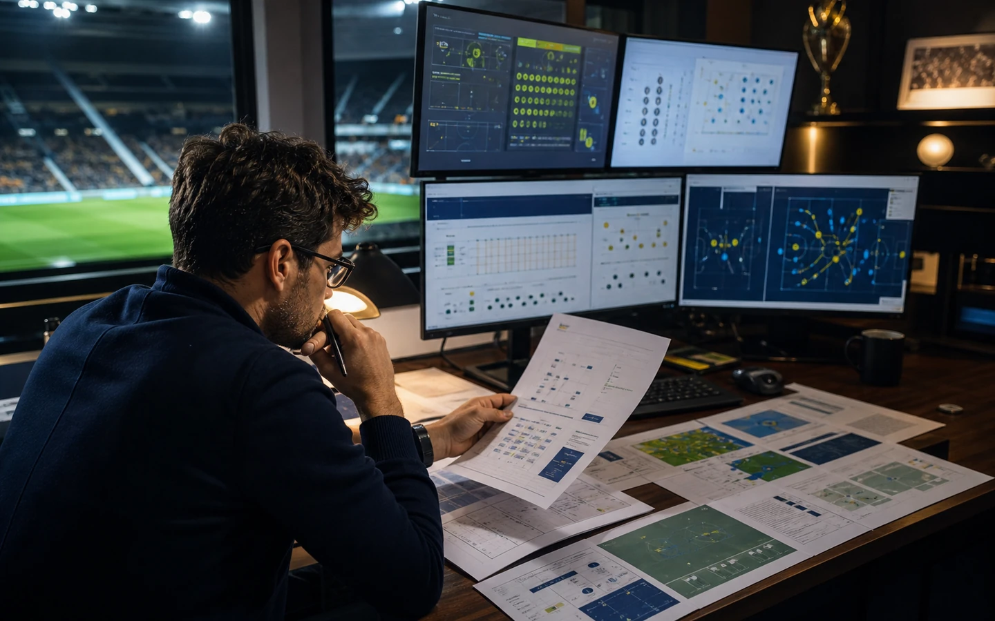 Sports analyst reviewing an original football prediction report workspace