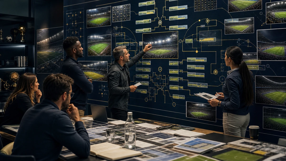 Editorial team preparing a tournament preview around a fixture map