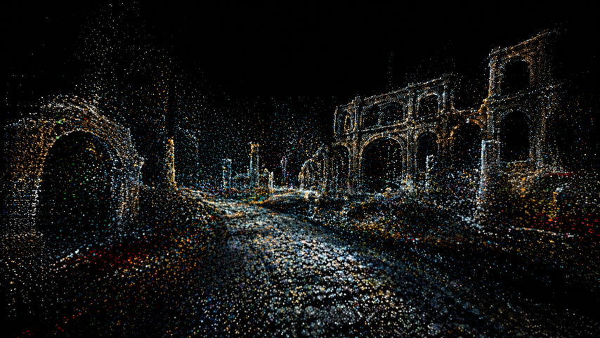 Point-cloud 3D ruins forming a grounded route between arches and landmark structures in a dark explorable world concept.