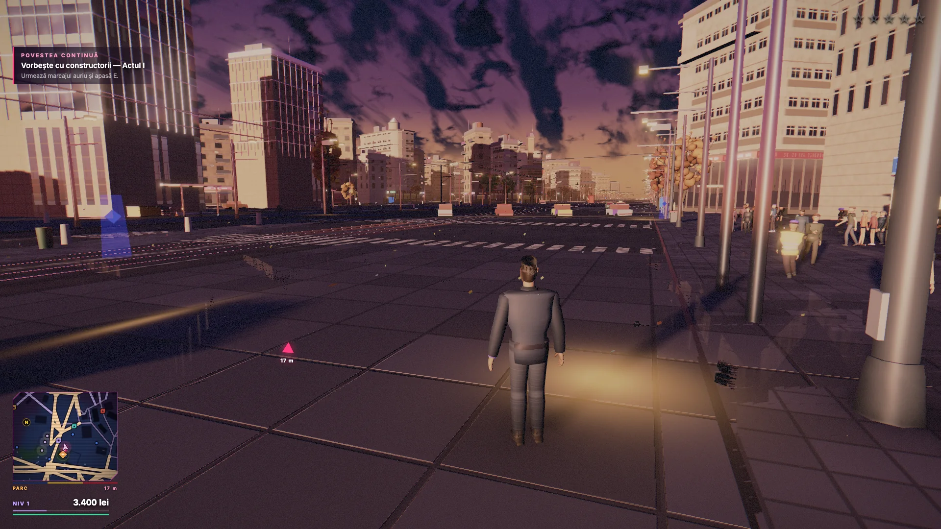 Disclosed public Three.js open-world gameplay capture showing a third-person character on a walkable city boulevard with routes and landmarks.