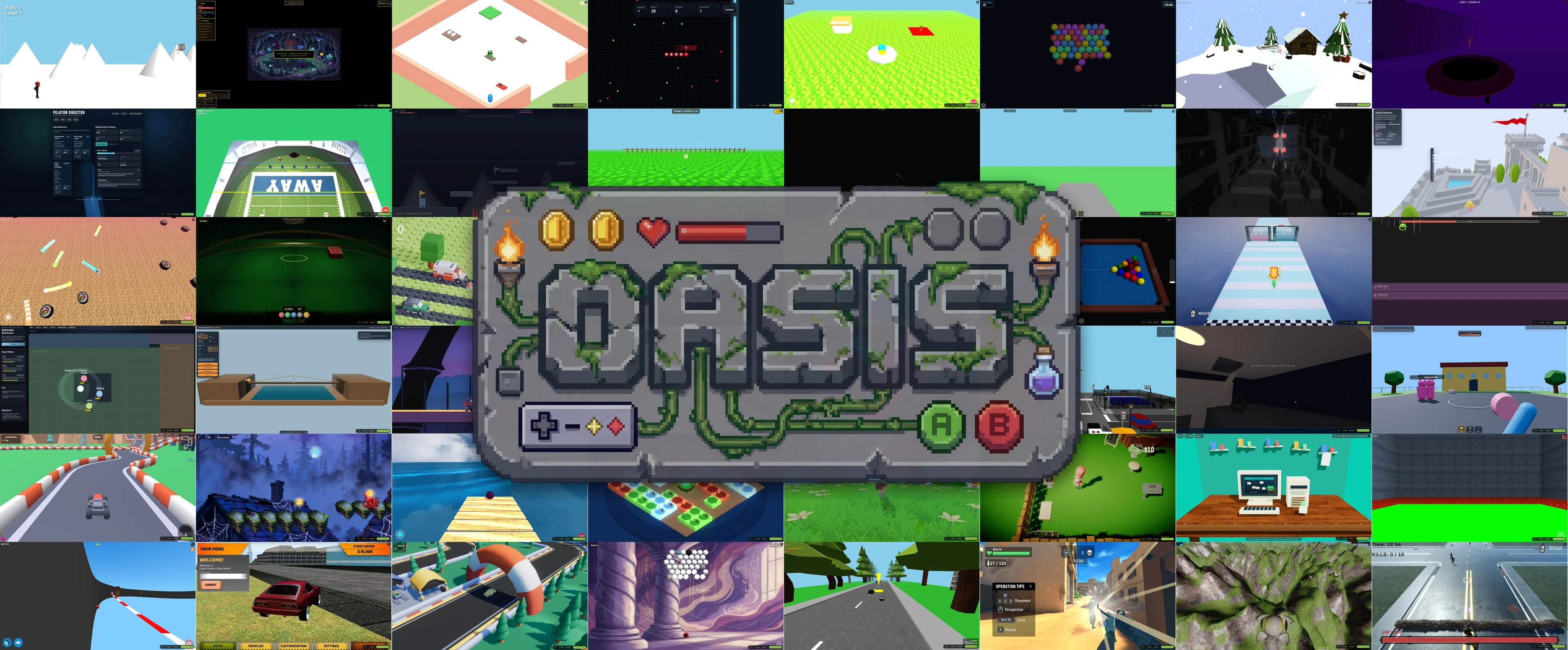 Oasis logo over a mosaic of playable game worlds