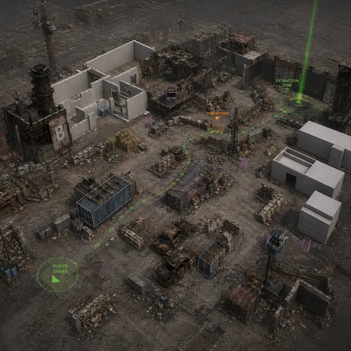 Rust Basin — top-down extraction map with ruined refinery, loot rooms, and extraction zones